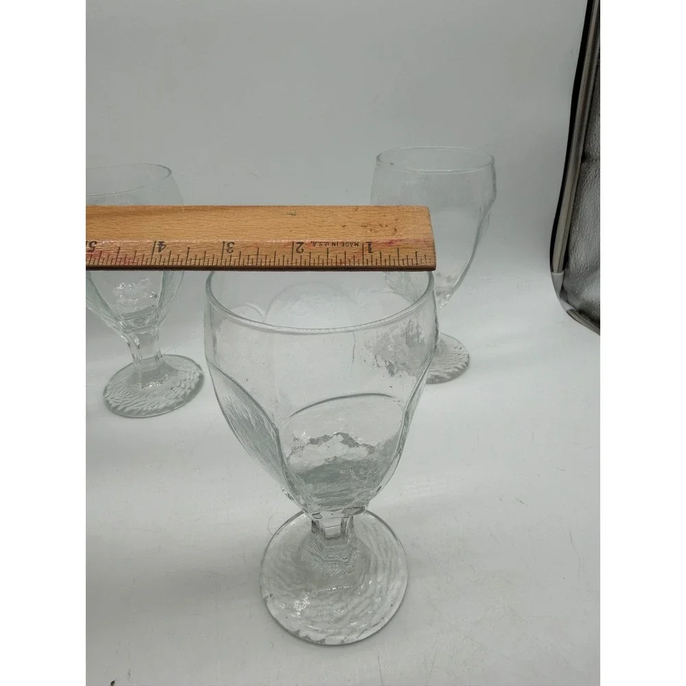 Vintage Clear Textured Glass Goblets Set of 3 Bark Base Paneled Water Wine 6.25